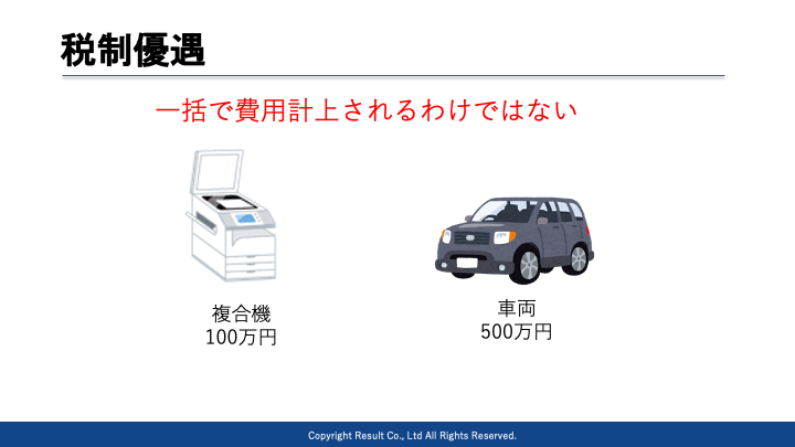 通常の設備購入の場合は減価償却が必要。