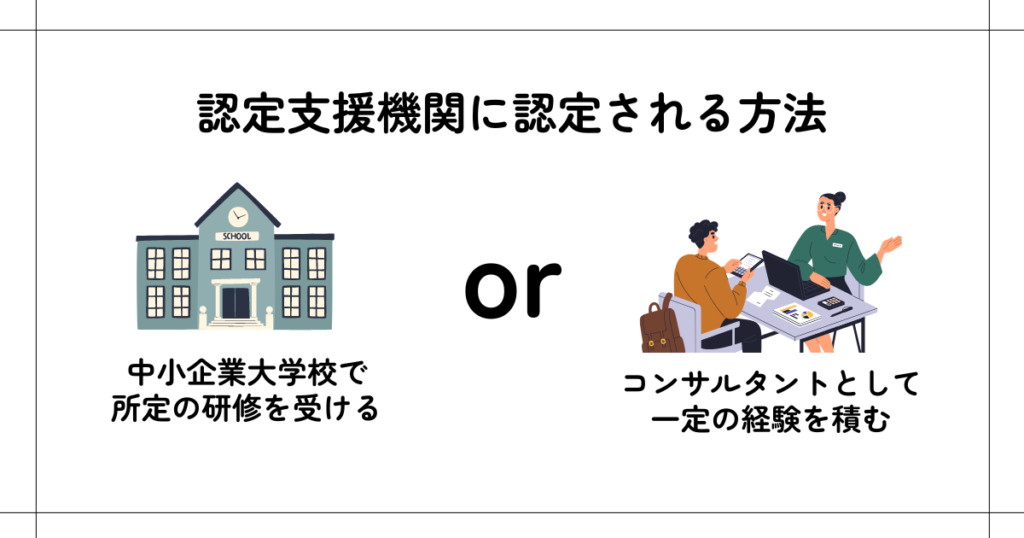 認定支援機関に認定されるには、中小企業大学校で所定の研修を受けるか、コンサルタントとして一定の経験を積む必要がある。