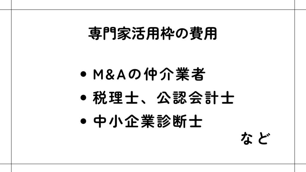 専門家活用枠の費用 : M&Aの仲介業者
税理士、公認会計士、中小企業診断士の相談料/コンサルフィーなど